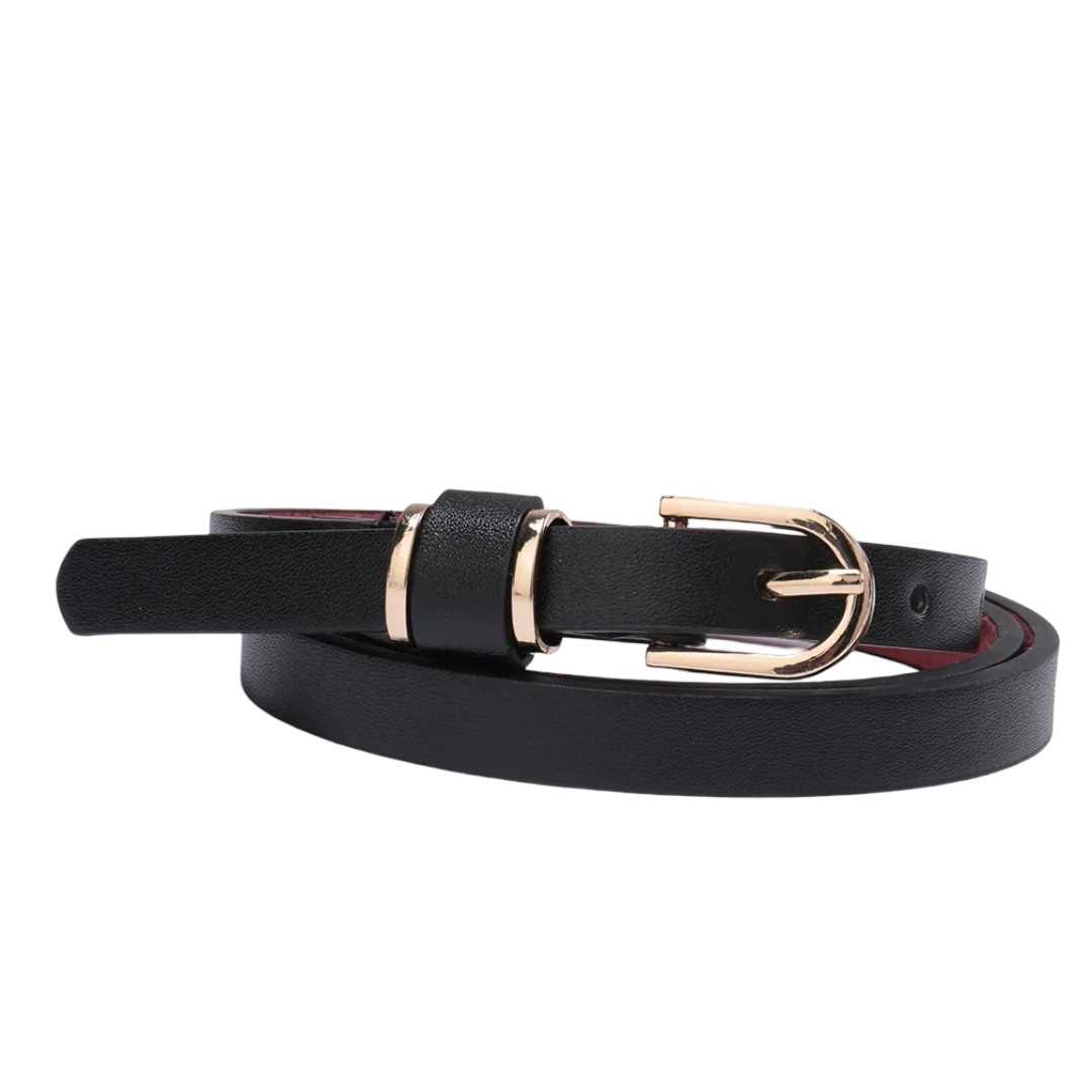 Women's Black Skinny Leather Belt Maroon side - Image 3