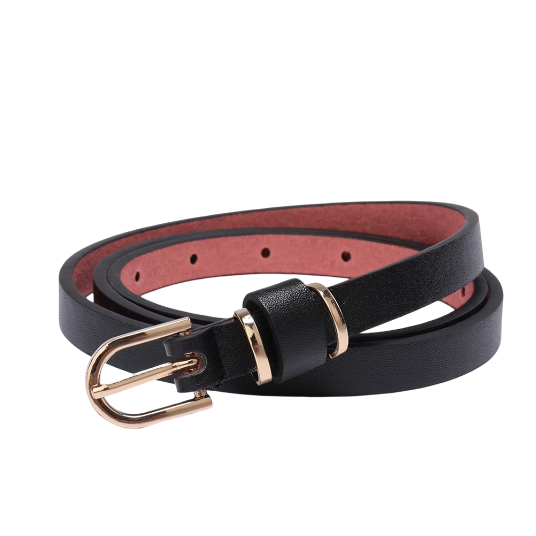 Women's Black Skinny Leather Belt Maroon side